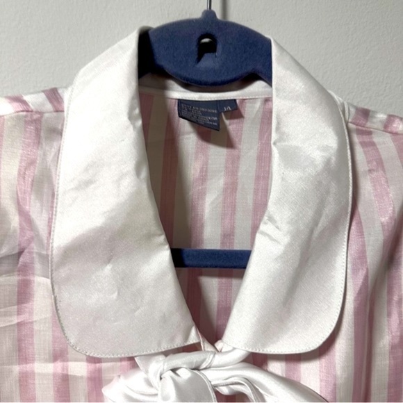 💙 Vintage Savant Pink White Striped Tie Neck Secretary Blouse Size Large Retro - Picture 5 of 16